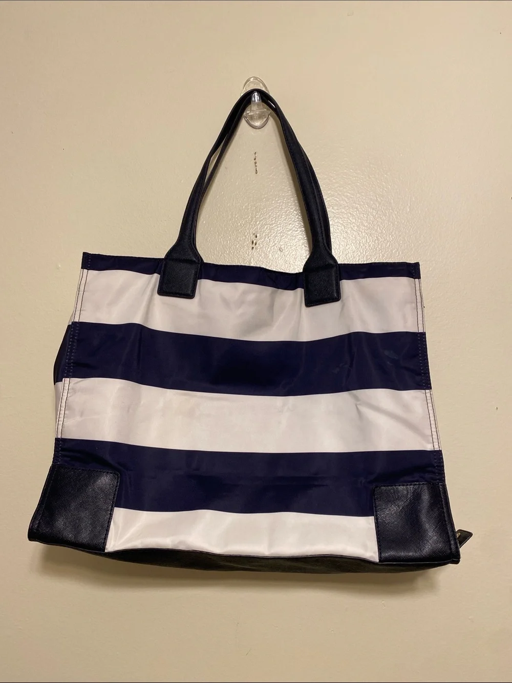 Tory Burch Navy and White Striped Canvas Tote with Logo